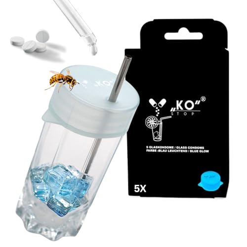 Ko Stop | Tapa de silicona para bebidas con protección contra gotas de ko, juego de 5, cubierta de cristal luminosa, cubierta reutilizable para vasos [azul 7-9 cm] jardín, camping, festival, fiesta
