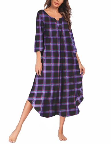 Ekouaer Long Nightgown for Women 3/4 Sleeves Nightshirt Maxi Sleep Dress Plus Size Loungewear Full Length Sleepwear