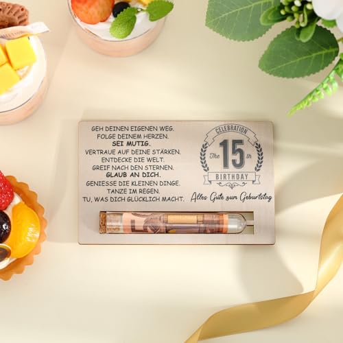 Otuuz Geldgeschenke Geschenke zum 15 Geburtstag für Jungen Mädchen Geschenkset Enthält Holzkarte zum Geburtstag und Reagenzglas Geburtstag Geld Gutschein Verpackung Geschenkverpackung