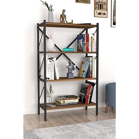 HomeHQ 4-Tier Open Shelf Bookcase, Decorative Bookshelf with 4 Shelves (H 121cm x W 66cm x D 34cm) (Walnut) Cover
