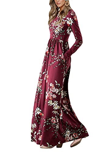 ZESICA Women s Floral Print Long Sleeve Pockets Empire Waist Pleated Long Maxi Dress Burgundy