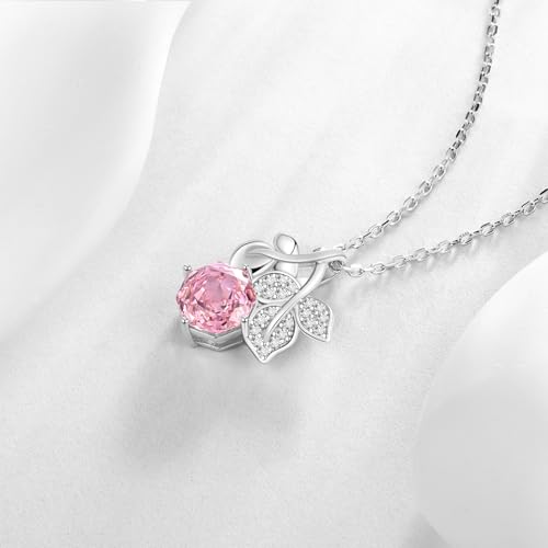 Birthstone Rose Pendant Necklace - 925 Sterling Silver Rose Cut Cubic Zirconia Flower Leaf Necklace Anniversary Birthday Jewelry Gift for Women Wife Mom Daughter2