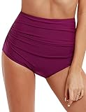 Firpearl Tummy Control Swimsuits for Women Ruched Bottom Bikini High Waisted Swim Briefs Burgundy US16