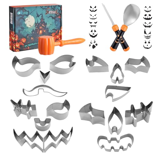 HAUSHOF Kit di Intaglio della Zucca 23 pezzi, Intagliare di Zucca Halloween con martello e 20 stampi, DIY Halloween zucca lanterna Coltelli da intaglio per decorazioni di Halloween