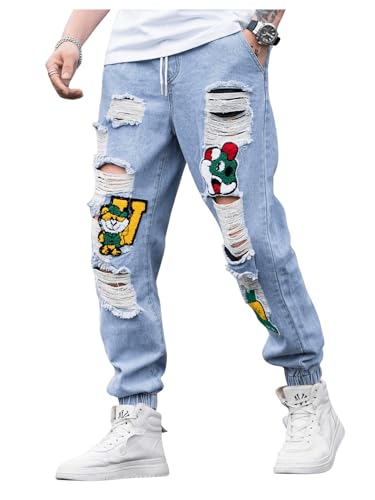 Men's Ripped Drawstring Waist Jeans Graphic Patched Distressed Denim Pants