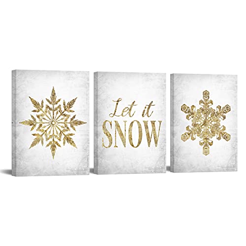 sechars 3 Piece Winter Canvas Wall Art Modern Golden Snowflake Painting Art Prints Simple Life Quotes Picture Poster for Living Room Bedroom Bathroom Wall Decoration Framed Artwork Ready to Hang