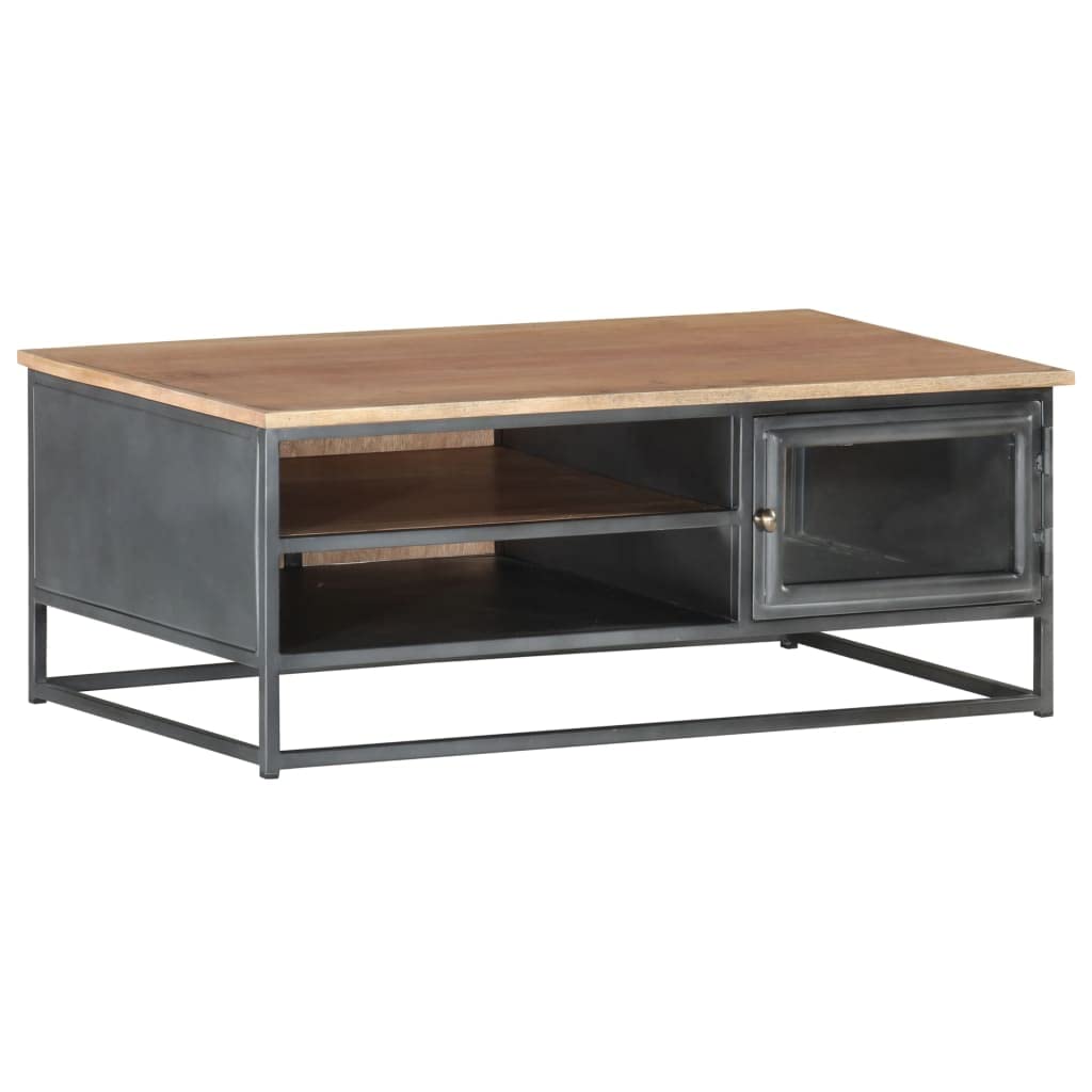 Table Basse Gris Bois Acacia Massif 90cm Meuble de Rangement Salon Industriel Moderne