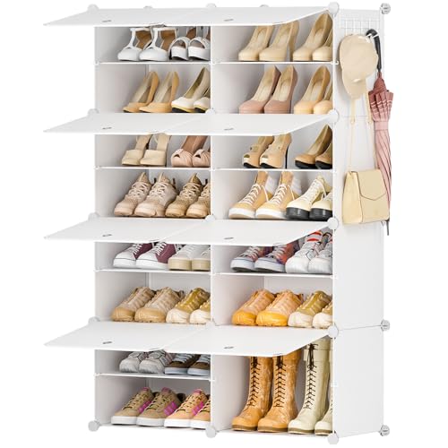 Shoe Rack - 8 Tier Shoe Storage Cabinet - 32 Pair Plastic Shoe Organizers Shoe Shelves with Doors for Closet Hallway Bedroom Entryway(White)