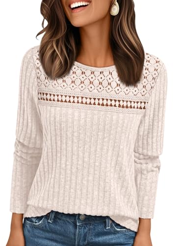AUTOMET Womens Lace Long Sleeve Shirt Fall Top Fashion Dreesy Casual Tunic Sweaters Mesh Clothes Trendy Work Cute Outfits Apricot M