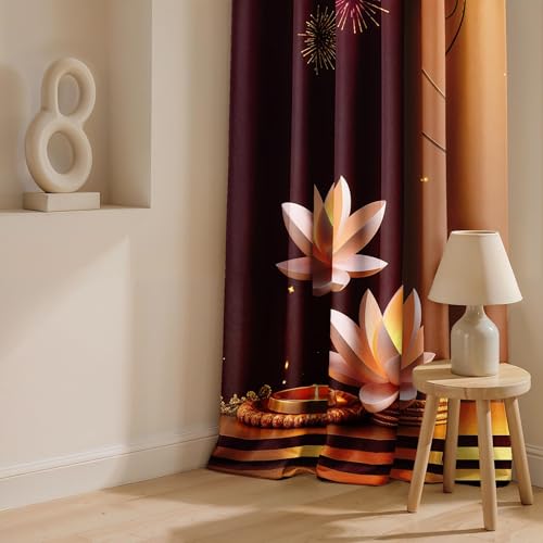 Image of Ultimate Trends Festival Themed Light Filtering Polyester Curtain Diya, Lantern, Lotus & Fireworks Print | Ideal for Diwali, Pooja Room, Living Room Dcor | Eyelets|, 9 FEET (Pack of 1)