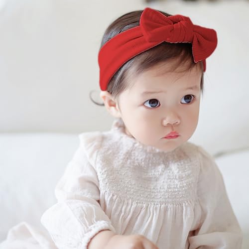 Cute Bow Baby Girl Headband Soft Stretch Cotton Head Wrap with Knots Tied Wide Nylon Turban for Newborn Infant Toddler Shower Birthday (Red B, Elastic)