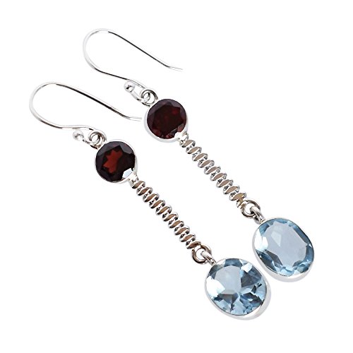 Boucles d'oreilles topaze bleue et grenat en argent 925 de 56 mm