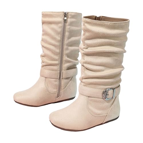 Girls Mid Calf Boots Soft Slouchy Flat Heel Under Knee High Boot Buckle Zipper Cute Round Toe Riding Boot Girl's Slip On Casual Boots with Non Slip Outsole