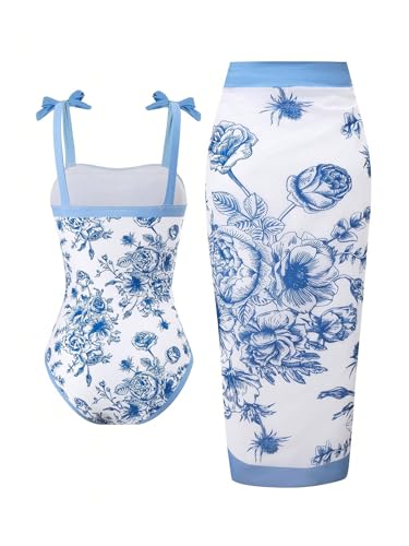 SHENHE Girl's Floral One Piece Swimsuit with Cover Up Sarong Wrap Tie Bow Cute Bathing Suits2