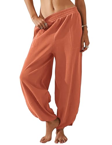 Himosyber Women Cotton Pants Wide Leg Pants Casual Loose Baggy Elastic Waist Beach Palazzo Harem Pants