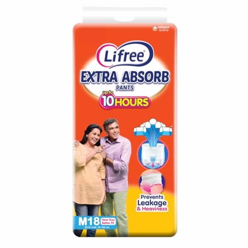 Lifree Extra Absorb Adult Diaper Pants | Size M | Waist (30-41 Inches) |Upto 10 Hours Absorption | Prevents Leakage & Heaviness | 18 Count