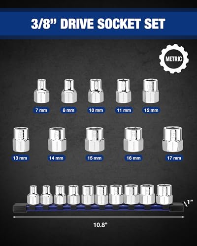 Image of WORKPRO 3 /8 inch Drive Socket Set, 10-Piece Metric Cr-V Socket Set with Rail | Standard & Shallow Sockets, External Hex Socket, 7mm to 17mm, 6-Point, Size Markings, PVC Socket Organizer, for Auto Repairs