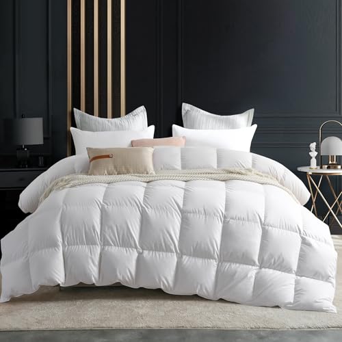 C&W Goose Down Comforter King Size, Fluffy Noiseless Duvet Insert, 100% Cotton Shell, 750+ Fill Power, 60oz Fill Weight, Winter Warm, Machine Washable, 3D Baffle Box, Breathable (106'x90')