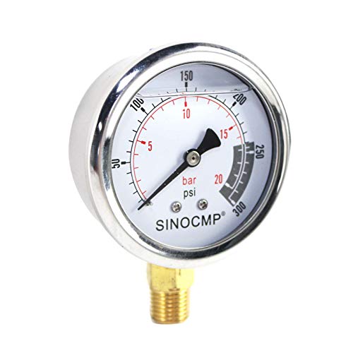 SINOCMP - Manometro idraulico 2Mpa/0-20Bar/0-300PSI Economico Multi Purpose Doppia Scala In Acciaio Inox Glicerina Riempito Gauge