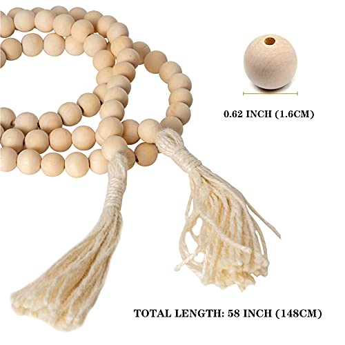 DECORKEY Farmhouse Wood Beads Garland Decor 58 Inch Wooden Beads for Boho Home Decor with Tassels Rustic Country Decor for Table Wall Shelf Tray Vase Living Room Bedroom Summer