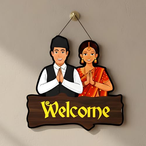 Image of EXPLEASIA Welcome Nepali Couple Decorative Wall Hanging Wooden Art Decoration Item for Home Office Living Room Decoration Items Home Decor Wall Art Wall Decoration (Multicolor)