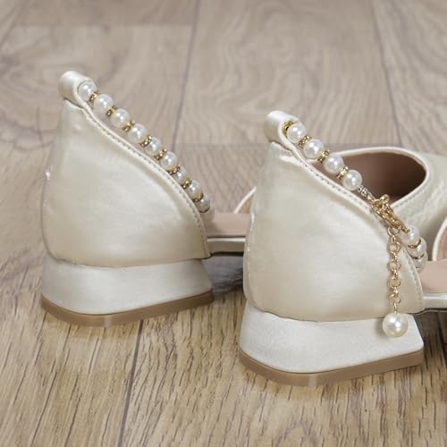 Women's 1 Inch Beige Satin Heels with Pearl Ankle Strap Pointy Closed Toe Low Block Chunky Pumps Comfort White Wedding Dress Sandal Shoes for Bride Guest Party4