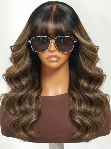 Image of KLAIYI Ombre Brown Loose Body Wave Bye Bye Knots Glueless Precut 7x5 HD Lace Front Human Hair Bang Wig Drawstring Highlight Balayage Brown Pre Plucked Bleached 30S Ready to Wear and Go Wig 180% 24Inch