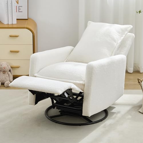 Image of 360° Swivel Rocking Recliner Glider Chair, Fluffy Boucle Upholstered Reclining Nursing Chair with Footrest for Living Room, Office, Bedroom, Ergonomic High Backrest, Padded Armrest and Metal Base