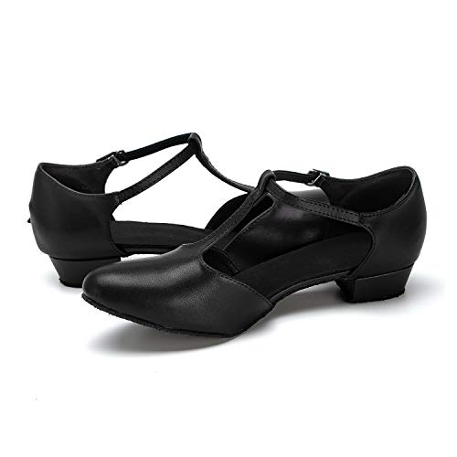 Dress First Flats Dance Shoes Women Low Heel Genuine Leather Pumps T-Strap Latin Ballroom Salsa Shoes,1"4