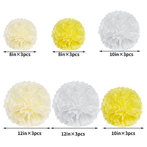 Image of Tissue Paper Pom Poms Party Decorations, Hmxpls Tissue Balls Colorful Flowers Pom, Large Pom Poms for Wedding Birthday Celebration Outdoor Decoration - Yellow & White (8 inch / 10 inch / 12 inch)