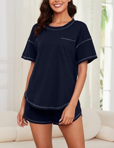 Image of KCW Pajamas for Women Set 2 Piece 100% Cotton Lounge Sets Short Sleeve Top and Shorts Pj Set Sleepwear Outfits