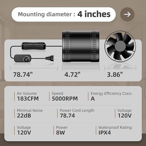 Image of 4 Inch Inline Duct Fan Kit with Speed Controller, Quiet DC-Motor Ventilation Exhaust Fan for Heating Cooling Booster, Grow Tents, Hydroponics Comes with Base Cord Screw, Boat Blowers