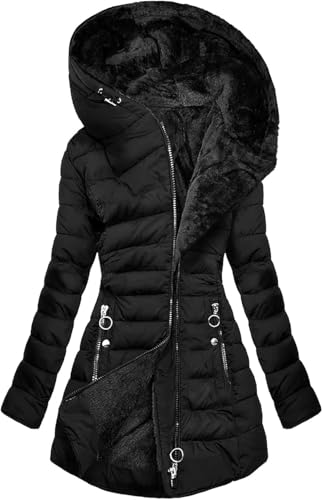 WOWEI Wintermantel Damen Warm Gefüttert Steppjacke Fleecejacke Lange Elegant Damenmantel Langarm Dicker Winter Parka Jacke mit Kapuze Winterparka Mantel Winddicht...