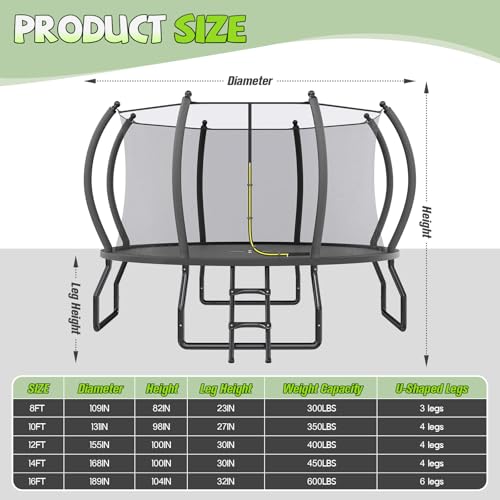 YUMPIE 8FT 10FT 12FT 14FT 16FT Outdoor Trampoline with Enclosure Net and Ladder, Recreational Trampolines for Kids and Adults, Quick Connect Frame, ASTM Approval
