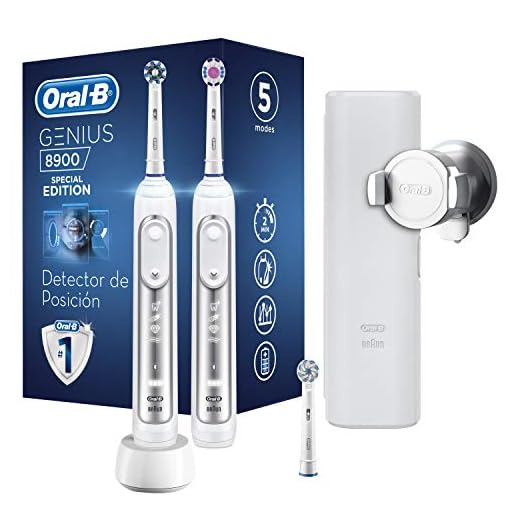 Oral-B Genius 8900N - Pack De 2 Cepillos De Dientes Eléctricos, 2 Mangos Blancos Recargables Con Tecnología De Braun, 3 Cabezales De Recambio, 1 Estuche De Viaje Premium, 5 Modos De Limpieza Dental