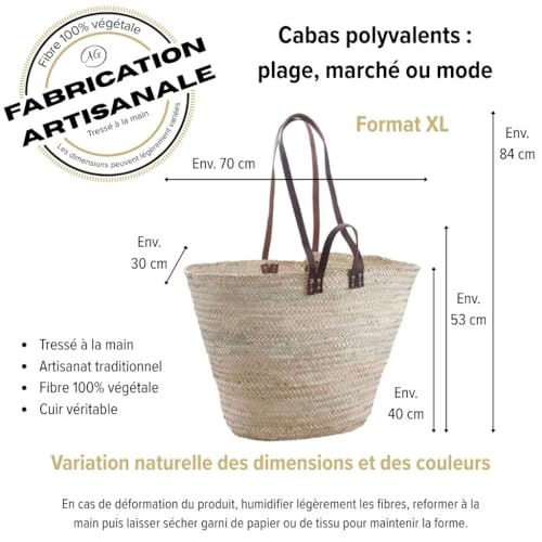 Panier cabas palmier éco-responsable grand format avec anses longues cuir - 2