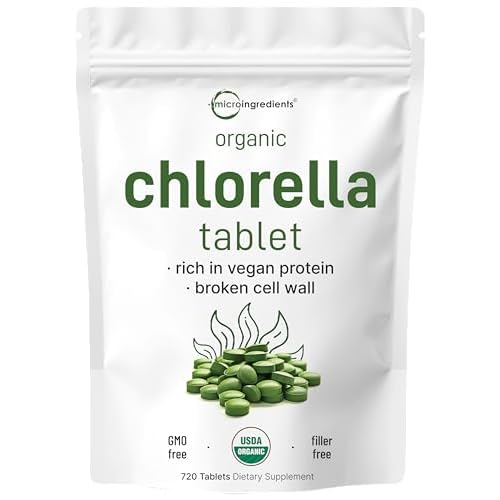 Organic Chlorella Tablets, 500mg Per Tablet, 720 Tabs (360 Grams), 4 Months Supply, Broken Cell Wall, Rich in Vegan Protein & Vitamins, No Filler, No Additives & Non-GMO | Pure Green Algae S