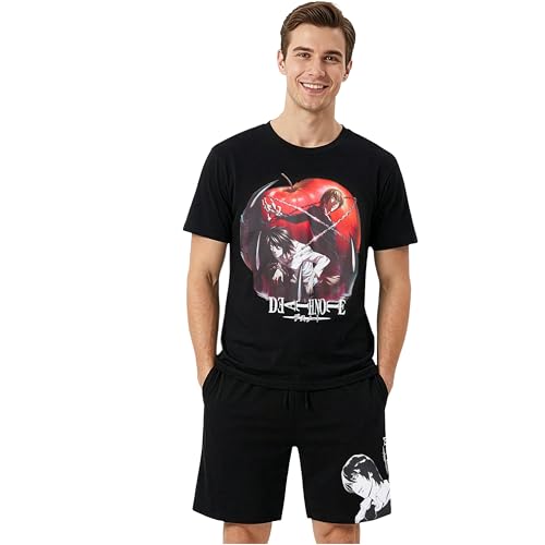Get Trend Death Note Mens Pyjamas Sets Short Cotton Pj Bottoms & Crew Neck T-shirt Soft Breathable Nightwear Anime Manga Gifts (XL Black Death Note)