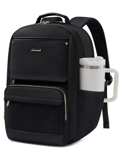 Image of LOVEVOOK Laptop Backpack for Women with Large Capacity Cup Pocket, 18 inch Work Purse Travel Bag for Teacher Nurse, Waterproof Computer Business Back Pack, Bookbag for College, Black