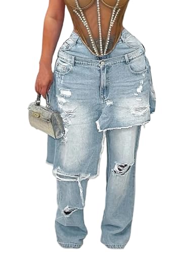 LKOUS Women's Ripped Baggy Jeans High Waist Wide Leg Patchwork