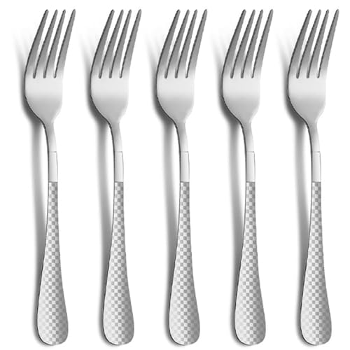 Image of 8.1 inch Sterling Silver Dinner Forks Set of 5 with Checks Printed Handle ? Durable Stainless Steel Silverware, Mirror Polished Forks, Perfect for Home, Restaurant, and Gifting