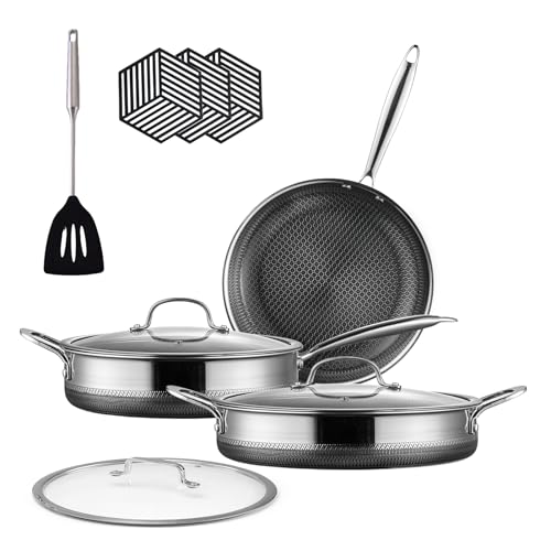 USELUCK Hybrid Stainless Steel Pots and Pans Set Non Stick 10 Piece Tri-play Nonstick Cookware Sets Non-toxic Saute Pan with Tempered Glass Lids,Stay Cool Handles,Induction Dishwasher&Oven Safe