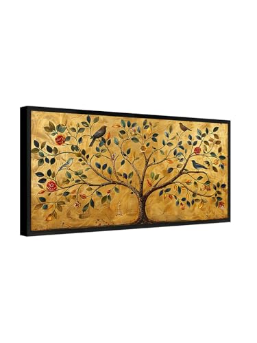 Image of 999STORE Tree of Life Canvas Wall Art, 120 x 60 cm, Black Frame, Golden Background, Birds and Flowers Design, Horizontal Orientation