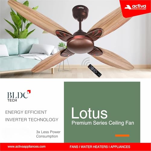ACTIVA Premium Series Lotus 1200MM Ceiling Fan | 4 Blade | 380 RPM BLDC 28W Motor | BEE 5 Star Rated | Energy Saving | Wooden Finish | Reversible Mode & Timer | 5 Years Warranty (Rose Wood)