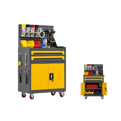 Werkzeugbox Rollbare Werkzeugtruhe mit 2 Schubladen und hohem Fassungsvermögen, herausnehmbarer Schrank-Werkzeugkasten mit Rollen und Schloss for mechanische Werkstätten Kleinteilfächer(Yellow)