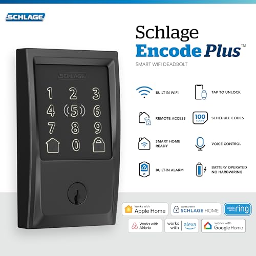 Image of Schlage Encode Plus Smart Wi-Fi Lock for Front Door, Keyless Entry Deadbolt, Unlock with Apple Watch, Built-in WiFi and App Control, Easy Install, Alexa & Apple HomeKit Compatible, Matte Black