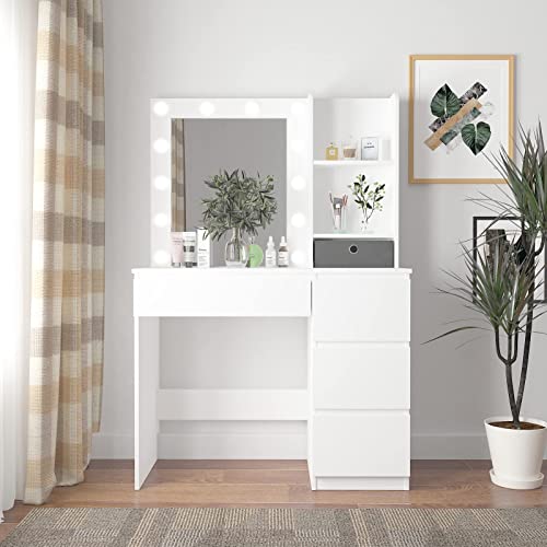 Makeup Vanity With Lights, 37Inch Vanity Desk, 4 Large Drawers Dresser With Lighted Mirror, 3 Lighting Modes Brightness Adjustable, White #TOP1