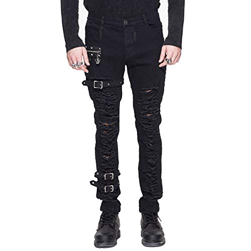 Pantalon déchiré avant gothique hommes avec boucle Pantalon crayon sévère en métal Steampunk hommes (XL) Cover