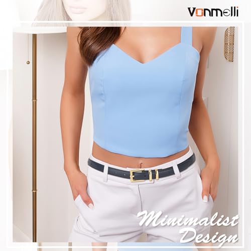 VONMELLI Leather Thin Belt for Women, Navy Blue Women's Skinny Belt Ladies Belt for Jeans Dress with Gold Buckle M4