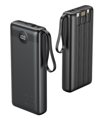 VRURC Portable Charger 20000mAh, Built-in Cable Fast Charging Power Bank, PD QC 3.0 Travel Essentials Battery Pack, 4 Output & 2 Input Phone Charger for iPhone,Samsung, Android-Black